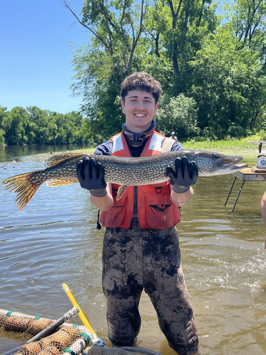 A smiling young man wearing waders and a life jacket stands in shallow water and holds up a large, brown-and-white fish.