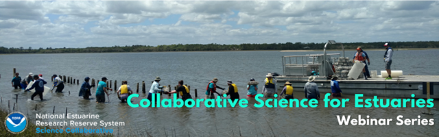 Banner image that shows a large group of people working together in the water alongside a dock.